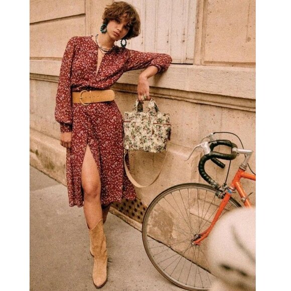 Sezane Dresses & Skirts - Sezane Alix Midi Dress Sheer Sleeves Button Up Red Bordeaux Floral Print 34 XS